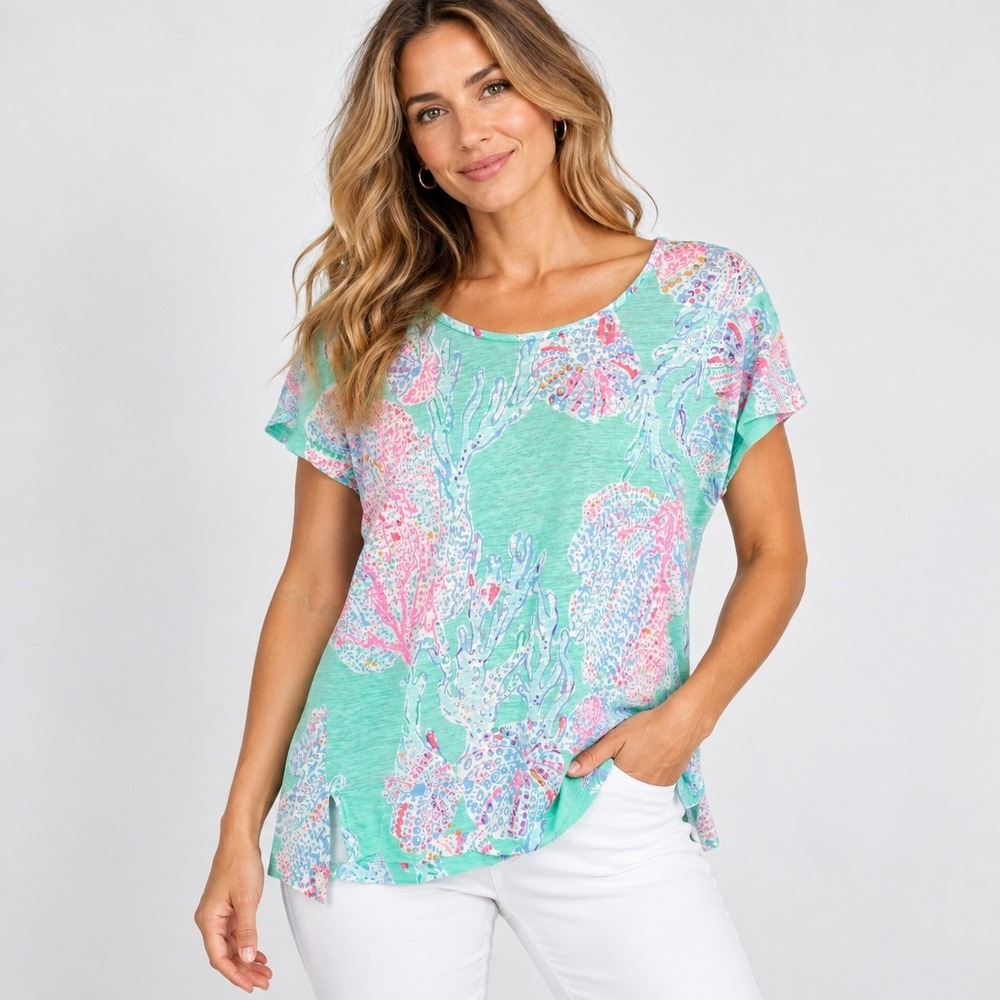 Lilly Pulitzer Short Sleeve 100% Linen Knit T Shirt Womens S Green Sea Coral